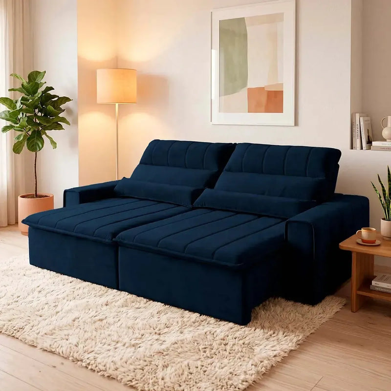 Sofá retrátil reclinável Patagônia 2,70m em Suede Velut Azul Marinho com molas.