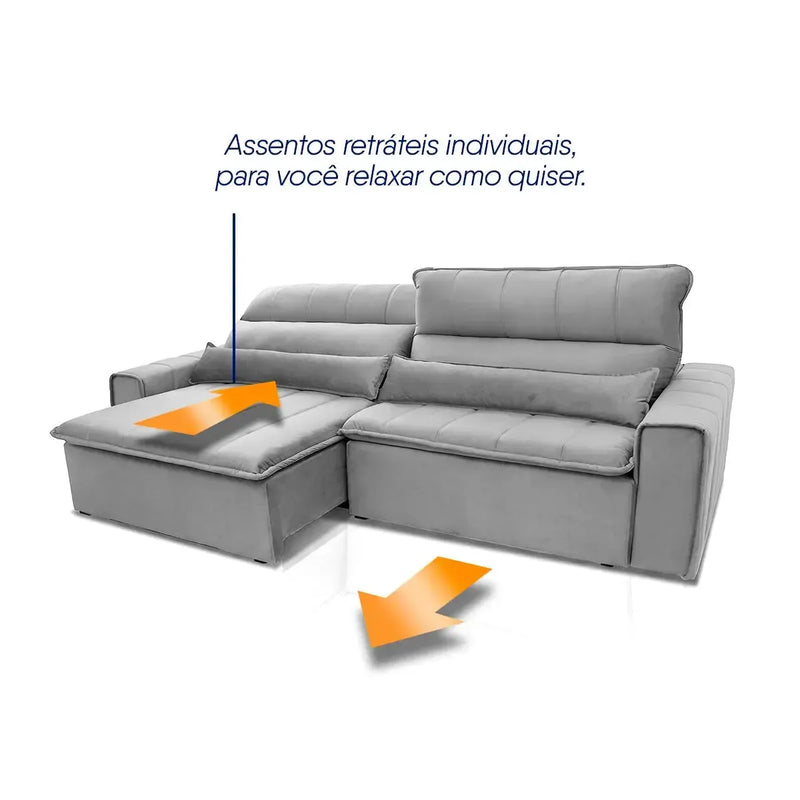 Sofá retrátil reclinável Patagônia 2,70m em suede velut cinza com assentos individuais.