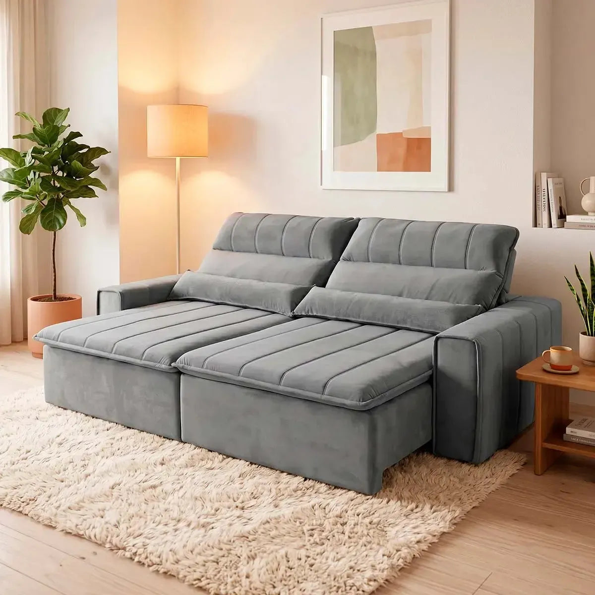 Sofá retrátil reclinável Patagônia 2,70m em suede velut cinza com molas no assento.