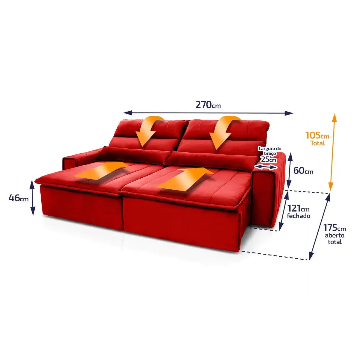 Sofá retrátil e reclinável Patagônia vermelho 2,70m em suede velut, com molas no assento.