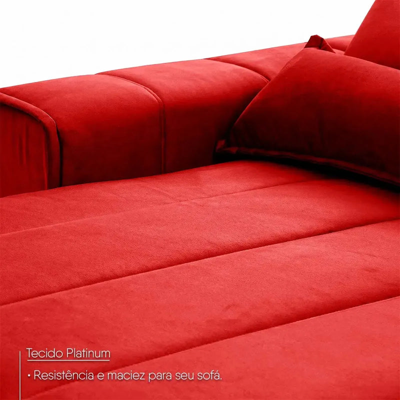 Sofá Patagônia retrátil reclinável vermelho em Suede Velut com molas no assento e almofadas.
