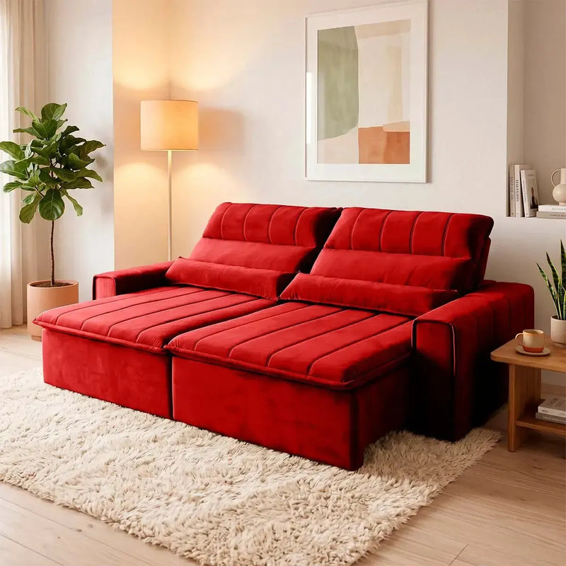 Sofá retrátil reclinável Patagônia vermelho em suede velut com molas, em ambiente aconchegante.