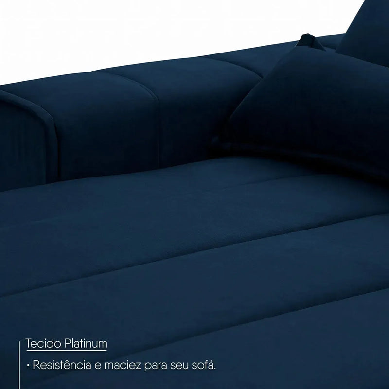 Sofá Patagônia retrátil reclinável em suede velut azul marinho com molas no assento.