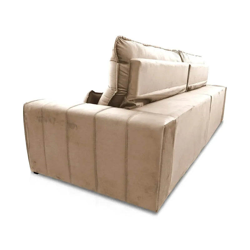 Sofá retrátil reclinável Patagônia 3,00m em Suede Velut Bege, com molas no assento.