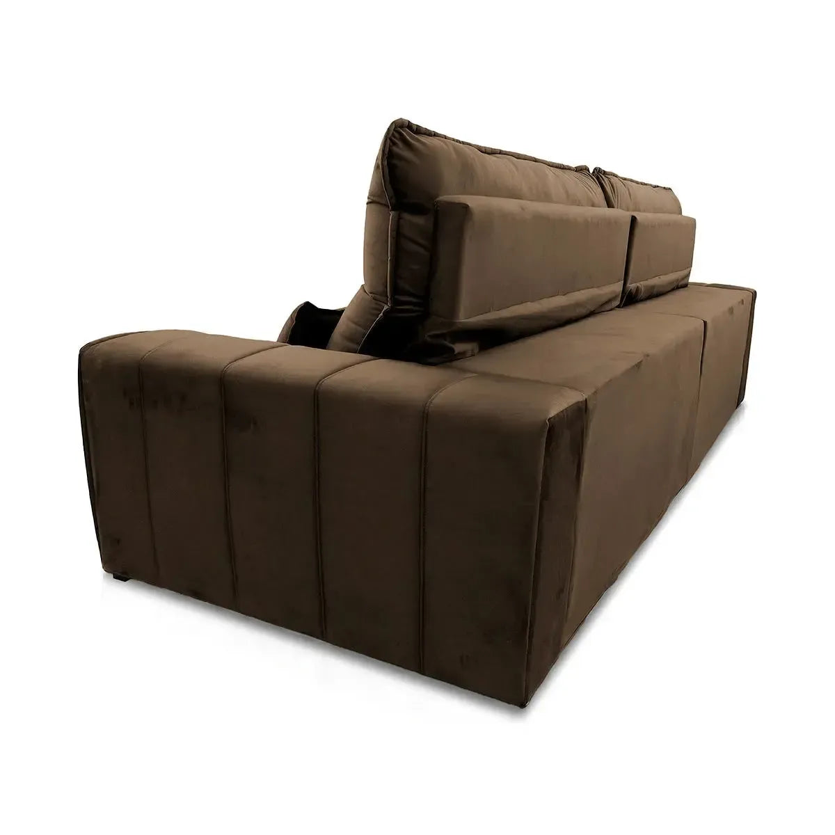 Sofá retrátil reclinável Patagônia 3,00m em suede velut marrom, vista traseira.