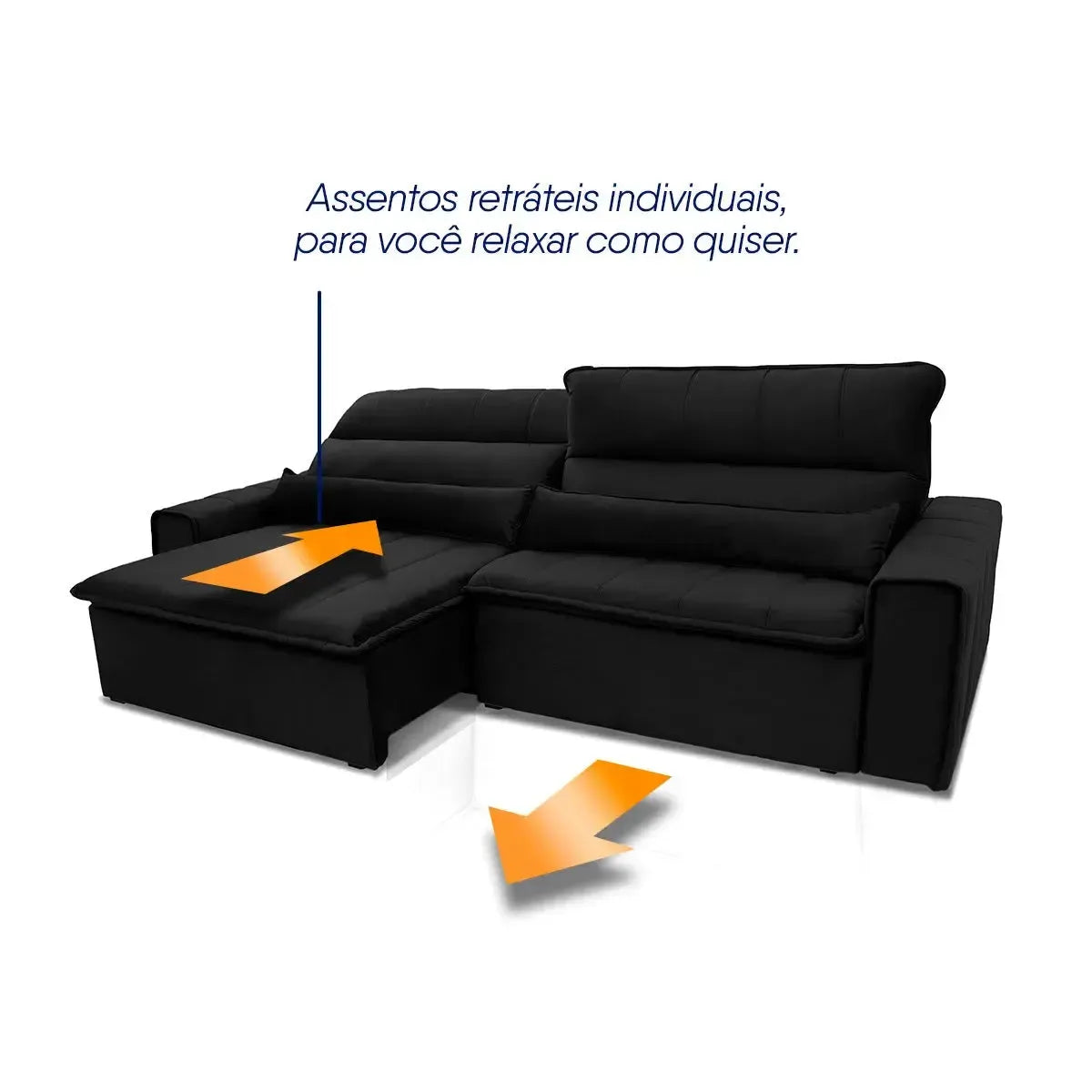 Sofá retrátil reclinável Patagônia 3,00m em Suede Velut Preto com assentos individuais.