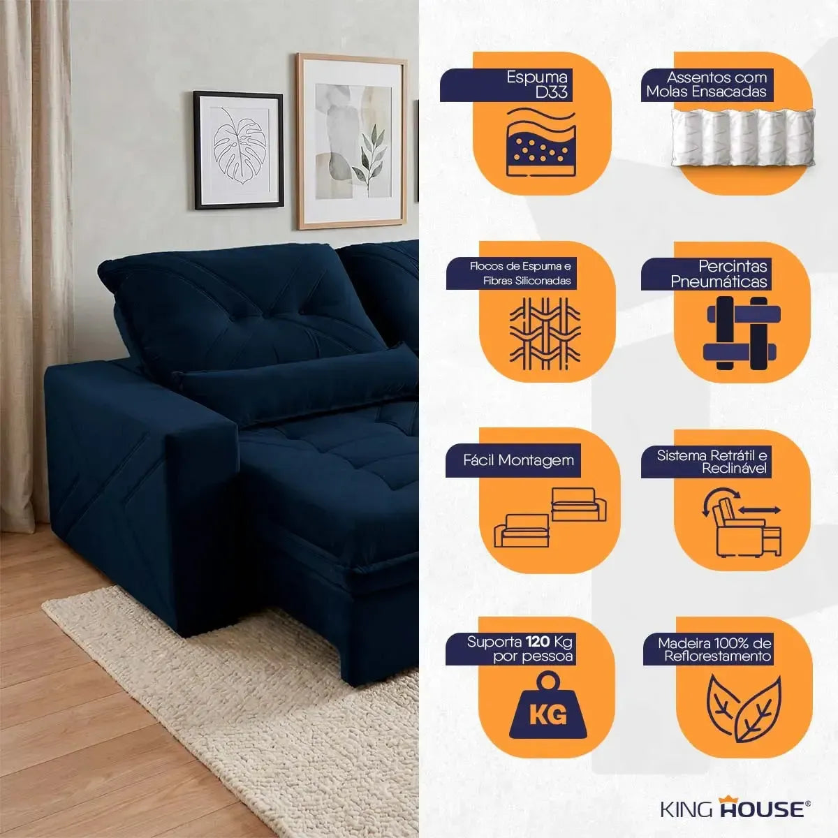 Sofá Retrátil Reclinável Sevilha 2,30m Suede Velut Azul Marinho Molas Ensacadas