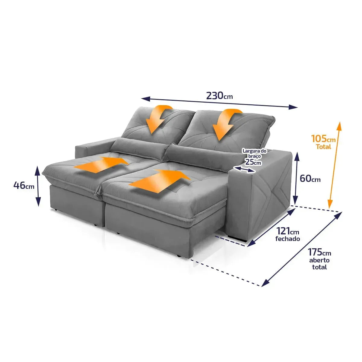 Sofá Retrátil Reclinável Sevilha 2,30m Suede Velut Cinza Molas Ensacadas