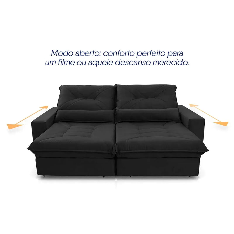 Sofá Retrátil Reclinável Sevilha 2,30m Suede Velut Preto Molas Ensacadas