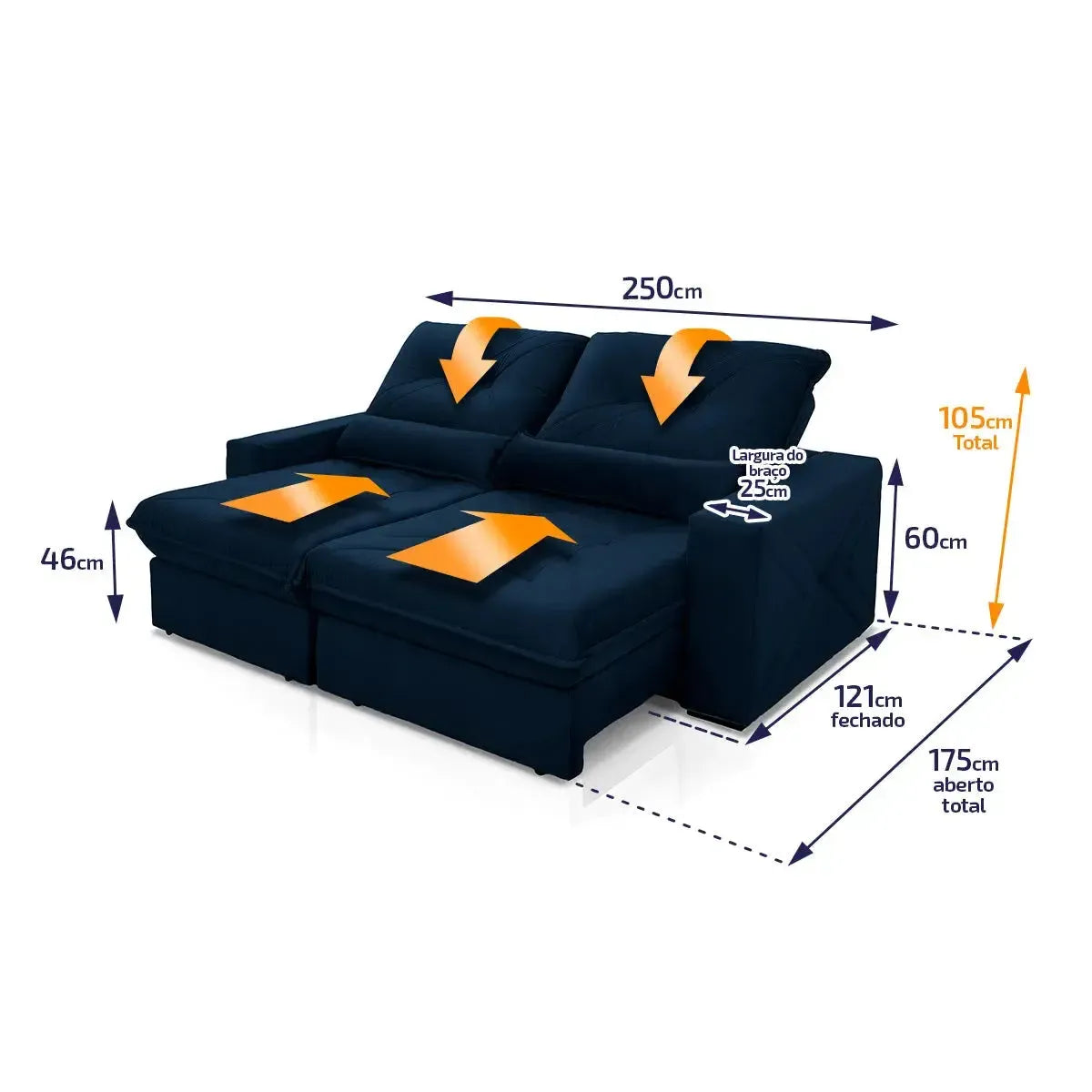 Sofá Retrátil Reclinável Sevilha 2,50m Suede Velut Azul Marinho Molas Ensacadas