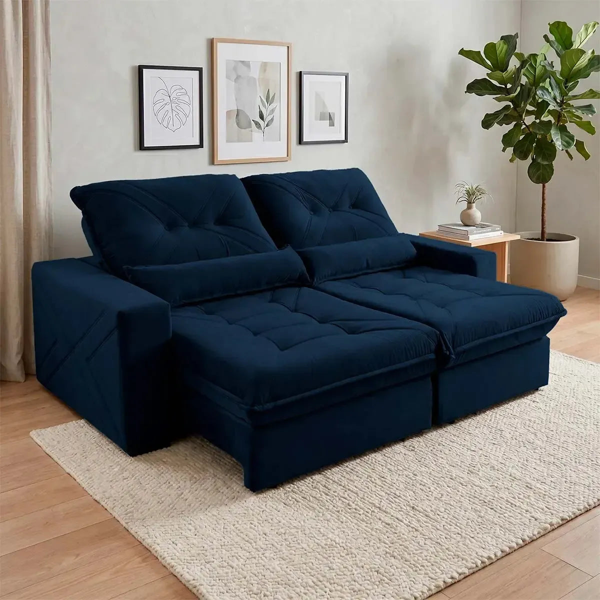 Sofá Retrátil Reclinável Sevilha 2,50m Suede Velut Azul Marinho Molas Ensacadas