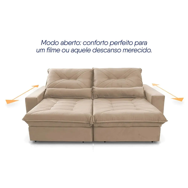 Sofá Retrátil Reclinável Sevilha 2,50m Suede Velut Bege Molas Ensacadas