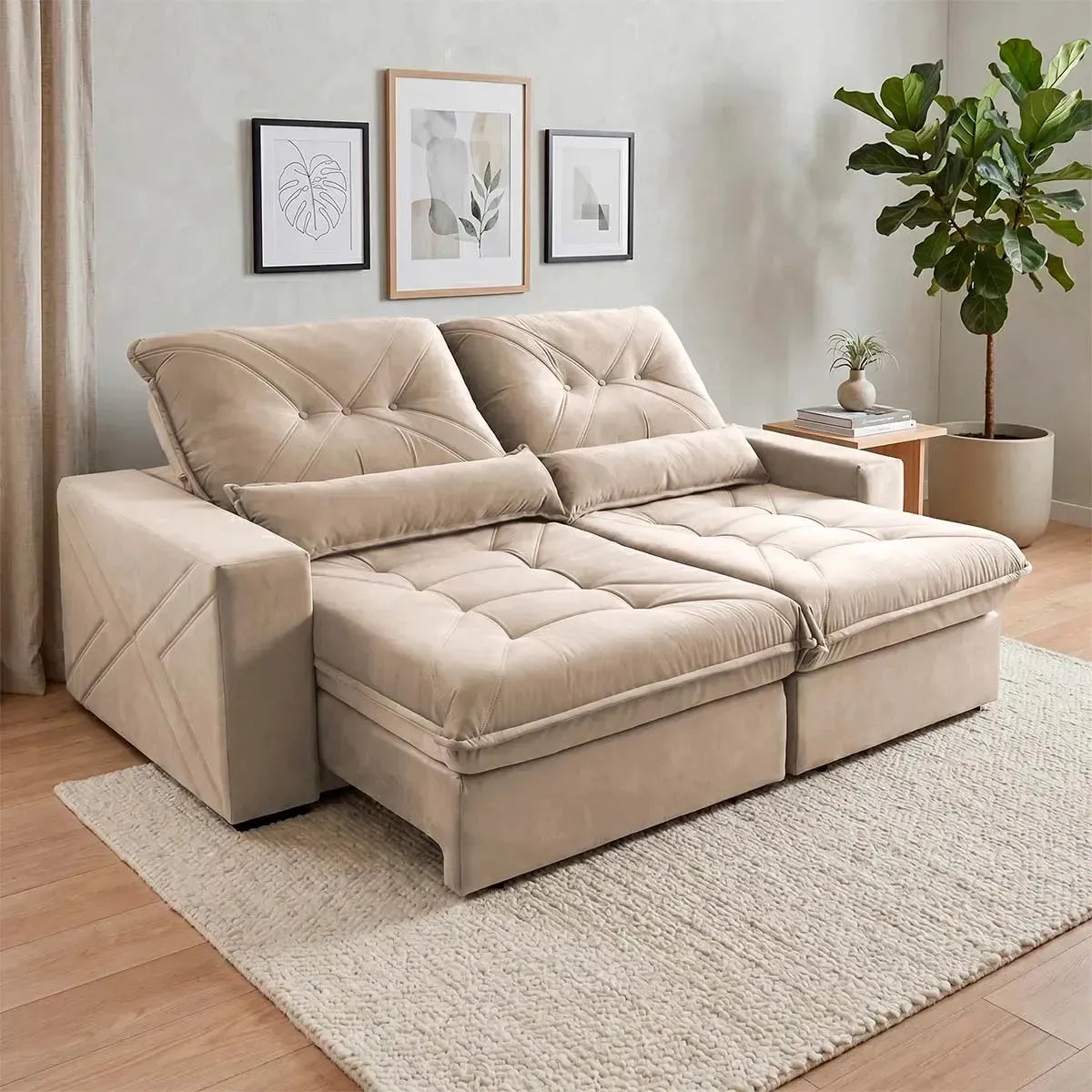 Sofá Retrátil Reclinável Sevilha 2,50m Suede Velut Bege Molas Ensacadas