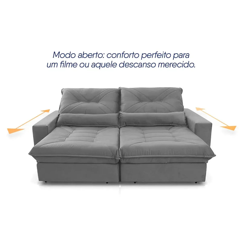 Sofá Retrátil Reclinável Sevilha 2,50m Suede Velut Cinza Molas Ensacadas