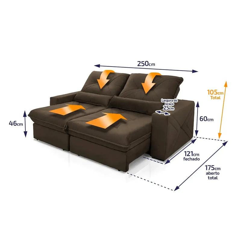 Sofá Retrátil Reclinável Sevilha 2,50m Suede Velut Marrom Molas Ensacadas