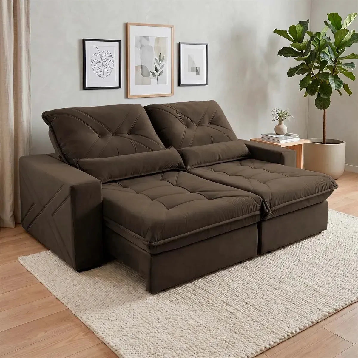 Sofá Retrátil Reclinável Sevilha 2,50m Suede Velut Marrom Molas Ensacadas