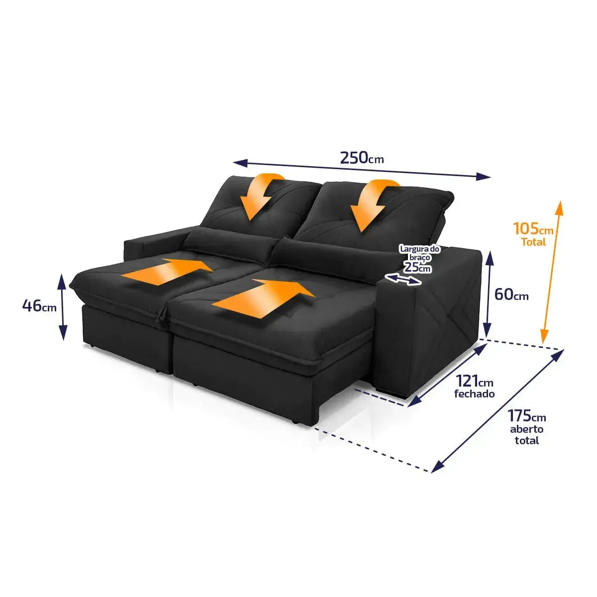 Sofá Retrátil Reclinável Sevilha 2,50m Suede Velut Preto Molas Ensacadas