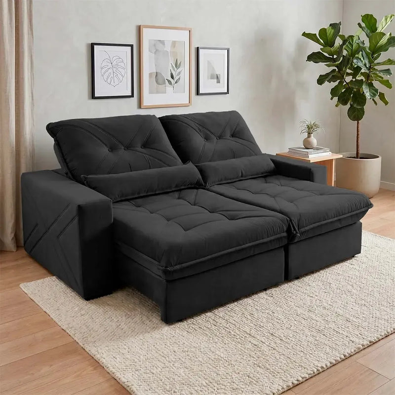 Sofá Retrátil Reclinável Sevilha 2,50m Suede Velut Preto Molas Ensacadas