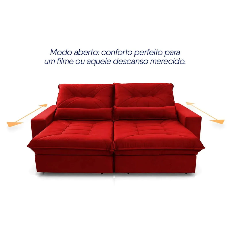Sofá Retrátil Reclinável Sevilha 2,50m Suede Velut Vermelho Molas Ensacadas