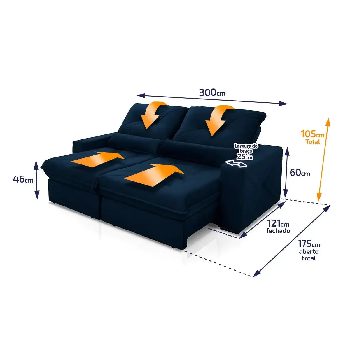 Sofá Retrátil Reclinável Sevilha 3,00m Suede Velut Azul Marinho Molas Ensacadas