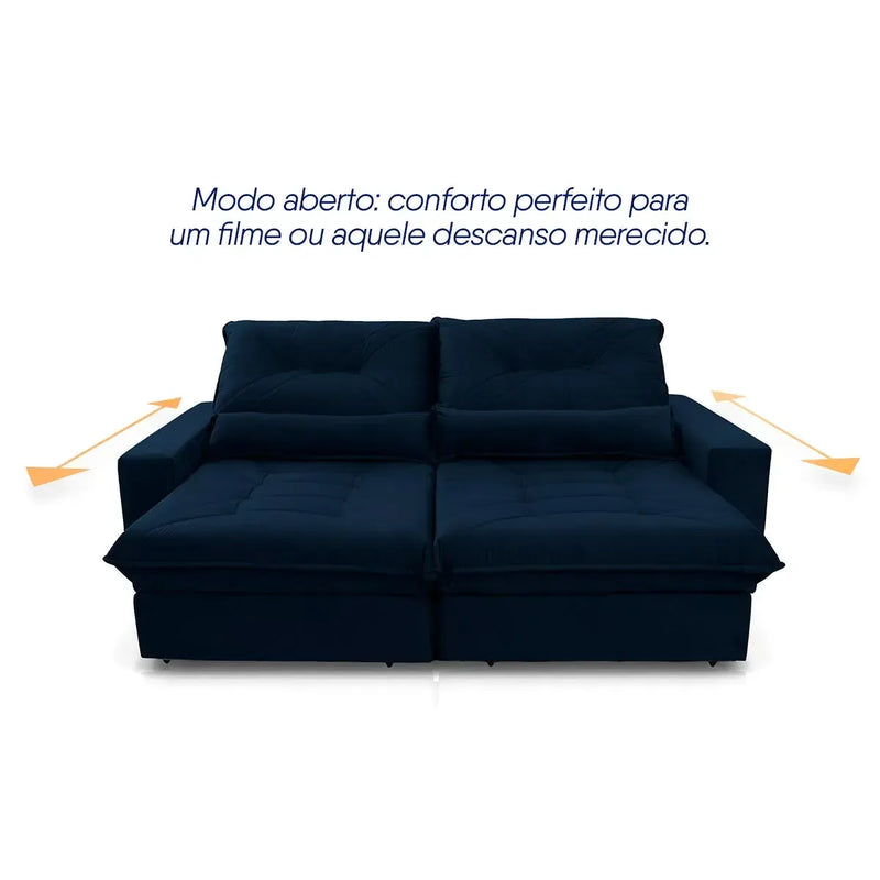 Sofá Retrátil Reclinável Sevilha 3,00m Suede Velut Azul Marinho Molas Ensacadas