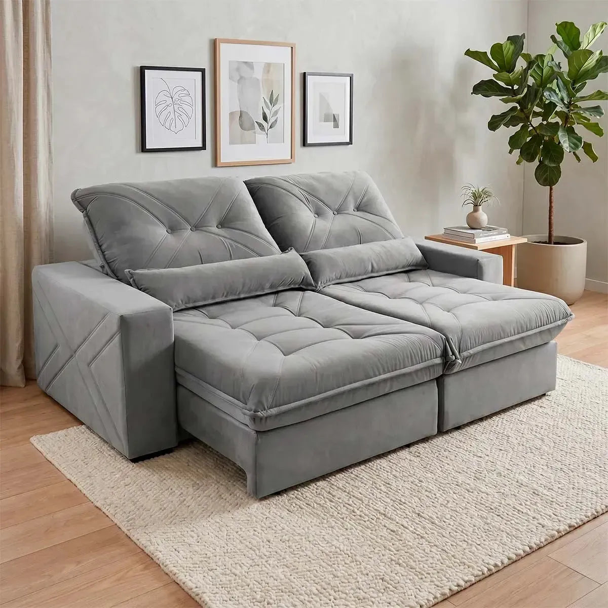 Sofá Retrátil Reclinável Sevilha 3,00m Suede Velut Cinza Molas Ensacadas