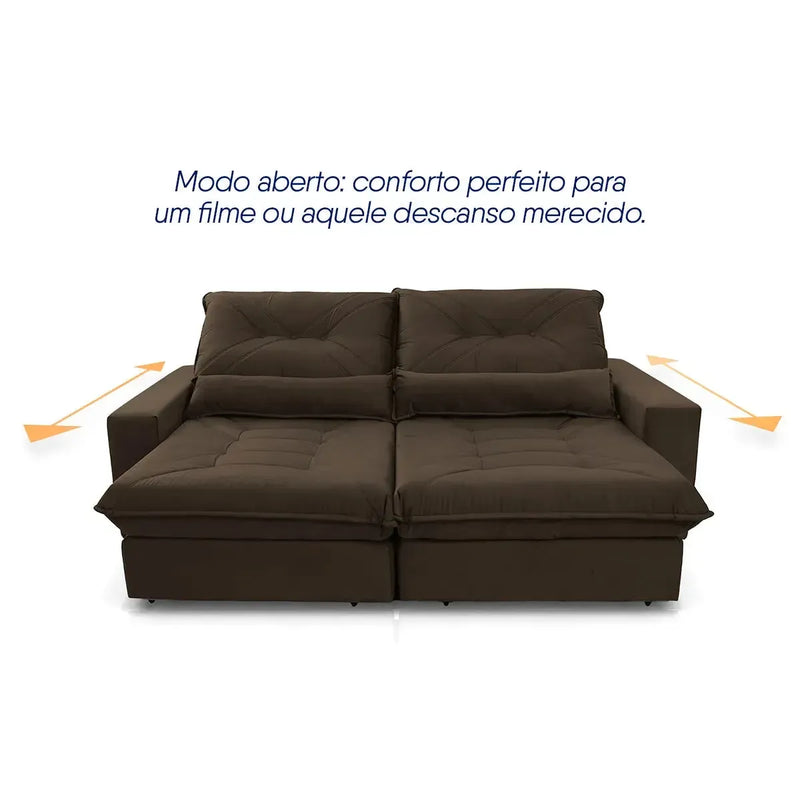 Sofá Retrátil Reclinável Sevilha 3,00m Suede Velut Marrom Molas Ensacadas