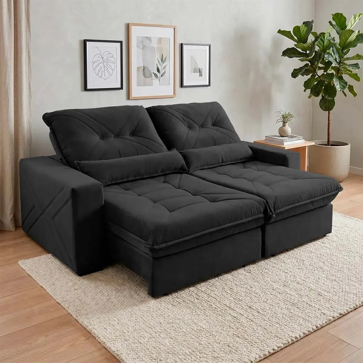 Sofá Retrátil Reclinável Sevilha 3,00m Suede Velut Preto Molas Ensacadas