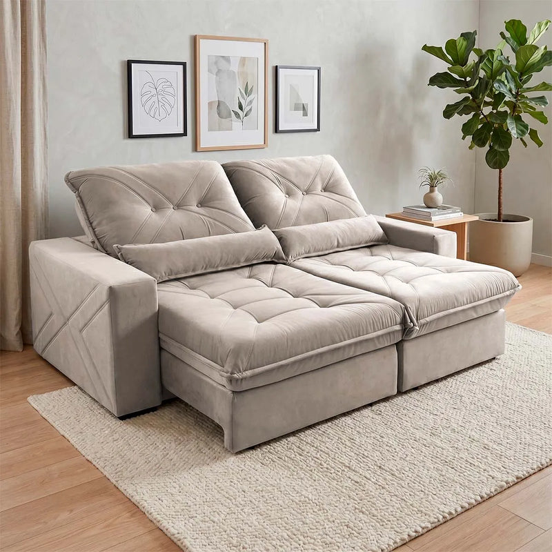 Sofá Retrátil Reclinável Sevilha 3,00m Suede Velut Tabaco Molas Ensacadas