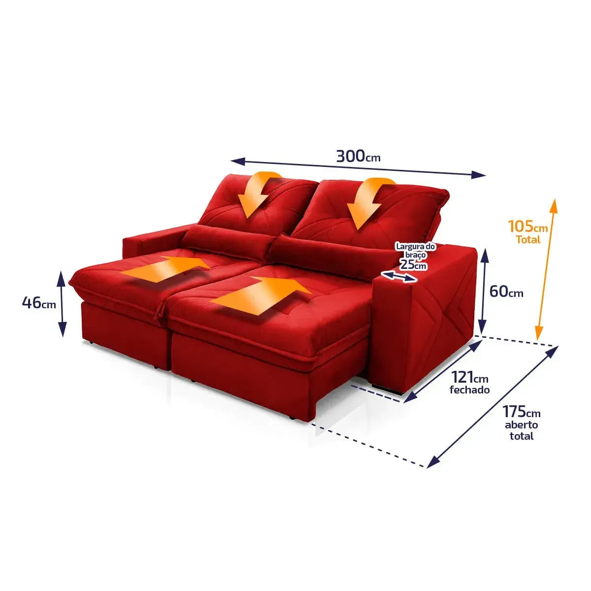 Sofá Retrátil Reclinável Sevilha 3,00m Suede Velut Vermelho Molas Ensacadas
