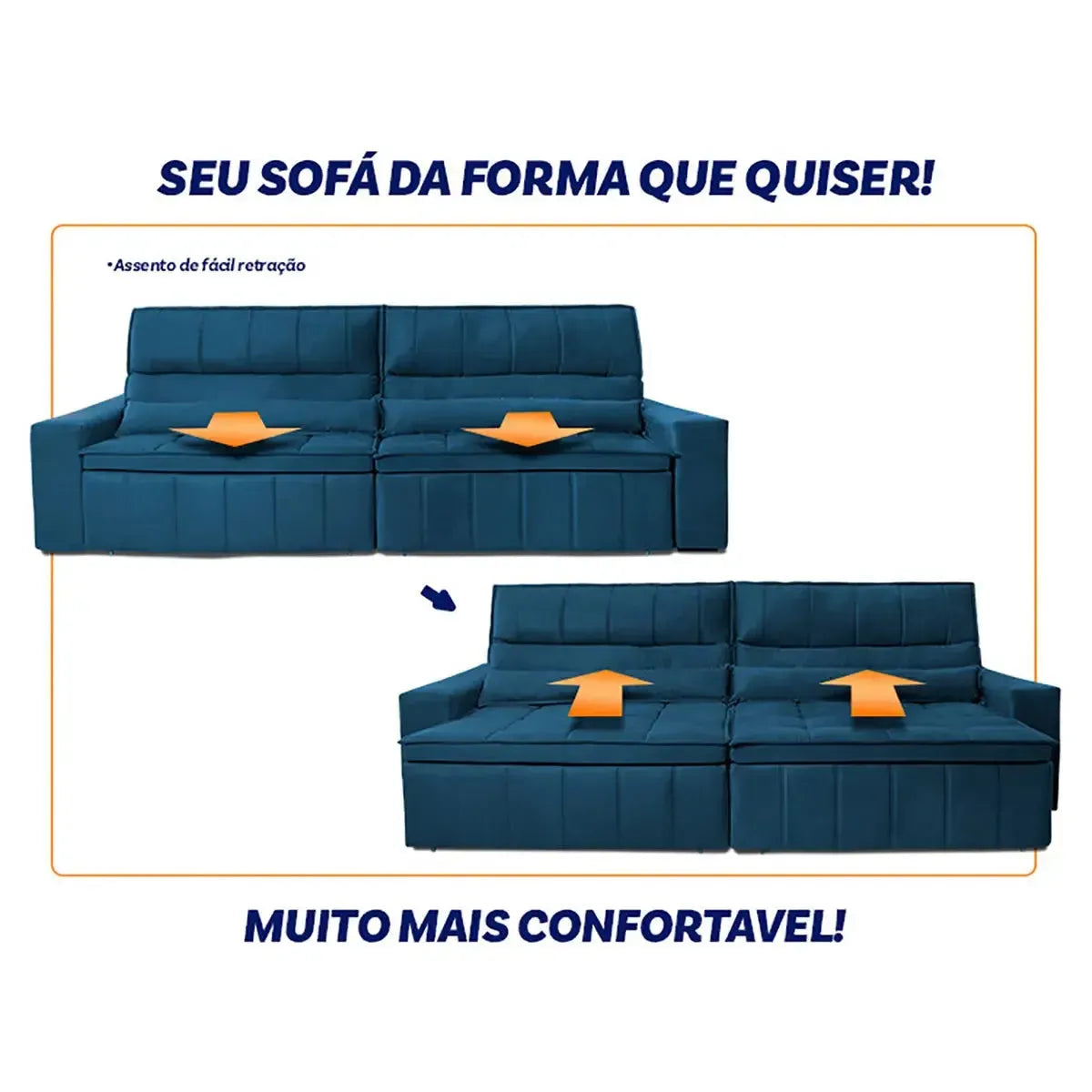 Sofá Retrátil Reclinável Supremo 2,10m Suede Velut Azul Marinho Molas no Assento