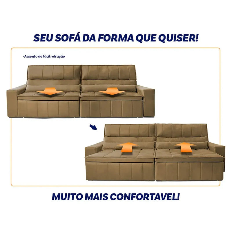 Sofá Retrátil Reclinável Supremo 2,10m Suede Velut Bege Molas no Assento