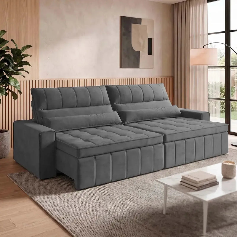 Sofá Retrátil Reclinável Supremo 2,10m Suede Velut Cinza Molas no Assento