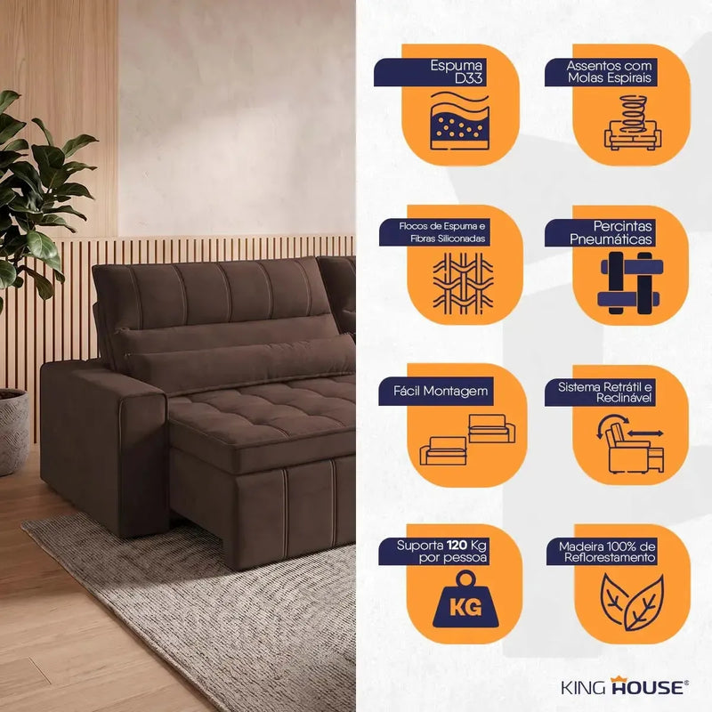 Sofá Retrátil Reclinável Supremo 2,10m Suede Velut Marrom Molas no Assento