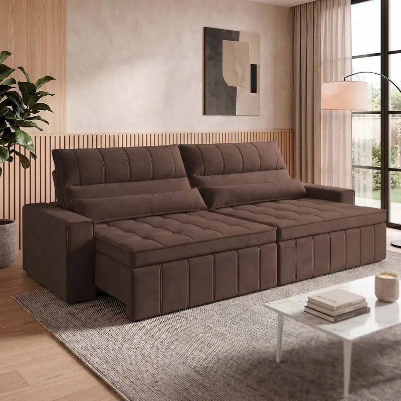 Sofá Retrátil Reclinável Supremo 2,10m Suede Velut Marrom Molas no Assento