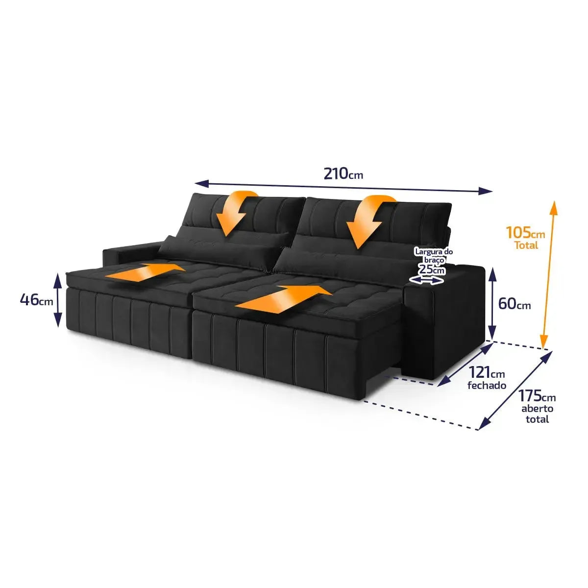 Sofá Retrátil Reclinável Supremo 2,10m Suede Velut Preto Molas no Assento
