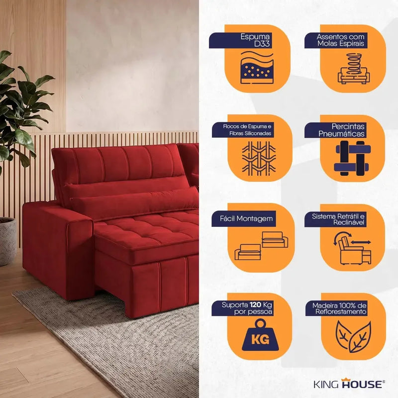 Sofá Retrátil Reclinável Supremo 2,10m Suede Velut Vermelho Molas no Assento