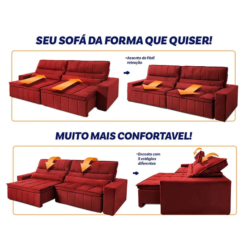 Sofá Retrátil Reclinável Supremo 2,10m Suede Velut Vermelho Molas no Assento