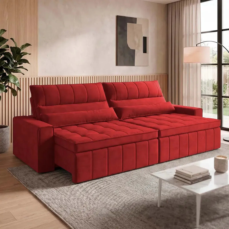 Sofá Retrátil Reclinável Supremo 2,10m Suede Velut Vermelho Molas no Assento