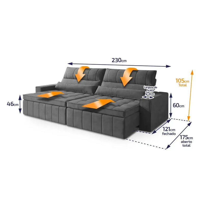 Sofá Retrátil Reclinável Supremo 2,30m Suede Velut Cinza Molas no Assento