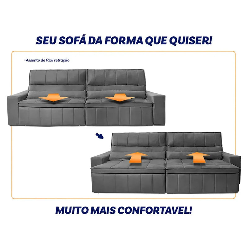 Sofá Retrátil Reclinável Supremo 2,30m Suede Velut Cinza Molas no Assento