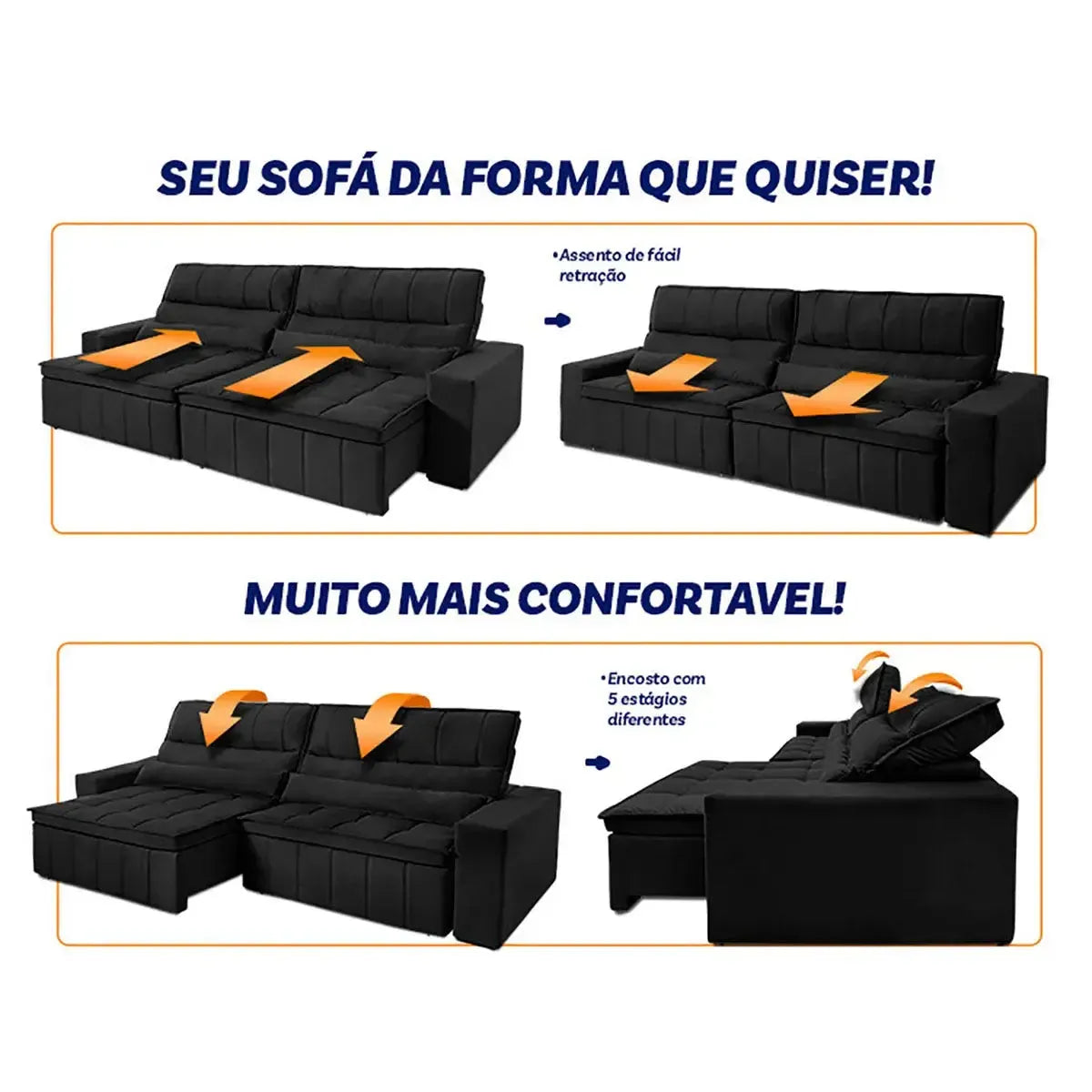 Sofá Retrátil Reclinável Supremo 2,30m Suede Velut Preto Molas no Assento