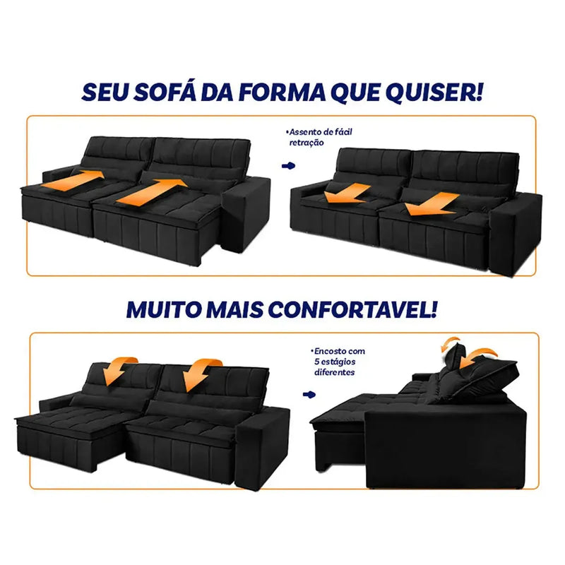 Sofá Retrátil Reclinável Supremo 2,30m Suede Velut Preto Molas no Assento