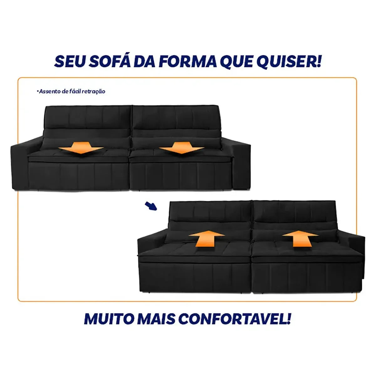 Sofá Retrátil Reclinável Supremo 2,30m Suede Velut Preto Molas no Assento
