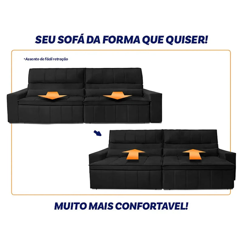 Sofá Retrátil Reclinável Supremo 2,30m Suede Velut Preto Molas no Assento
