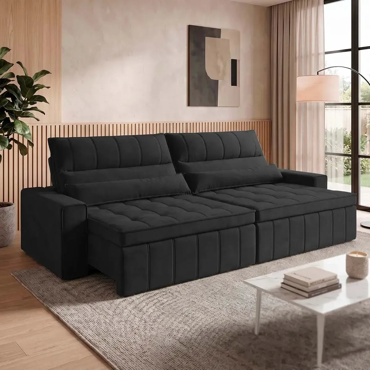 Sofá Retrátil Reclinável Supremo 2,30m Suede Velut Preto Molas no Assento