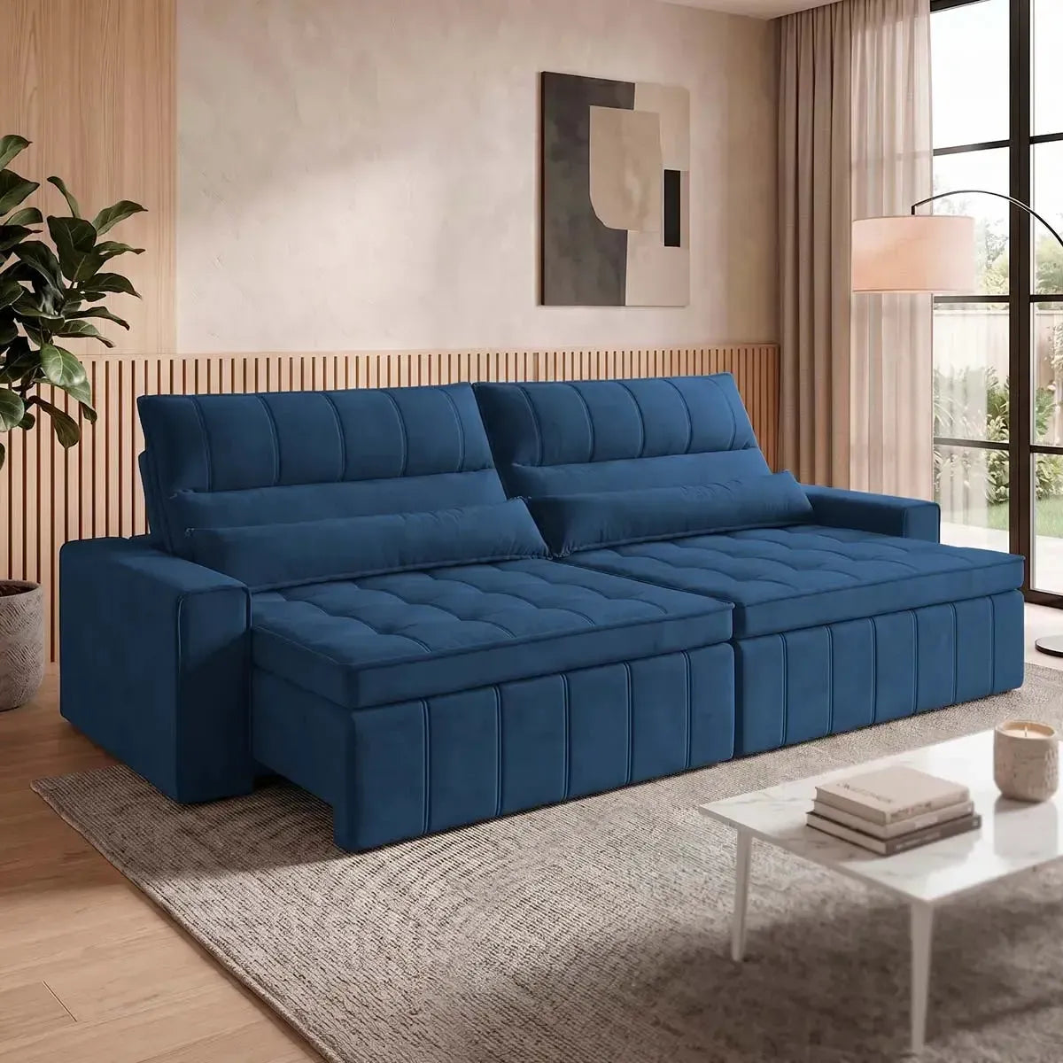 Sofá Retrátil Reclinável Supremo 2,50m Velut Azul Marinho c/ Molas