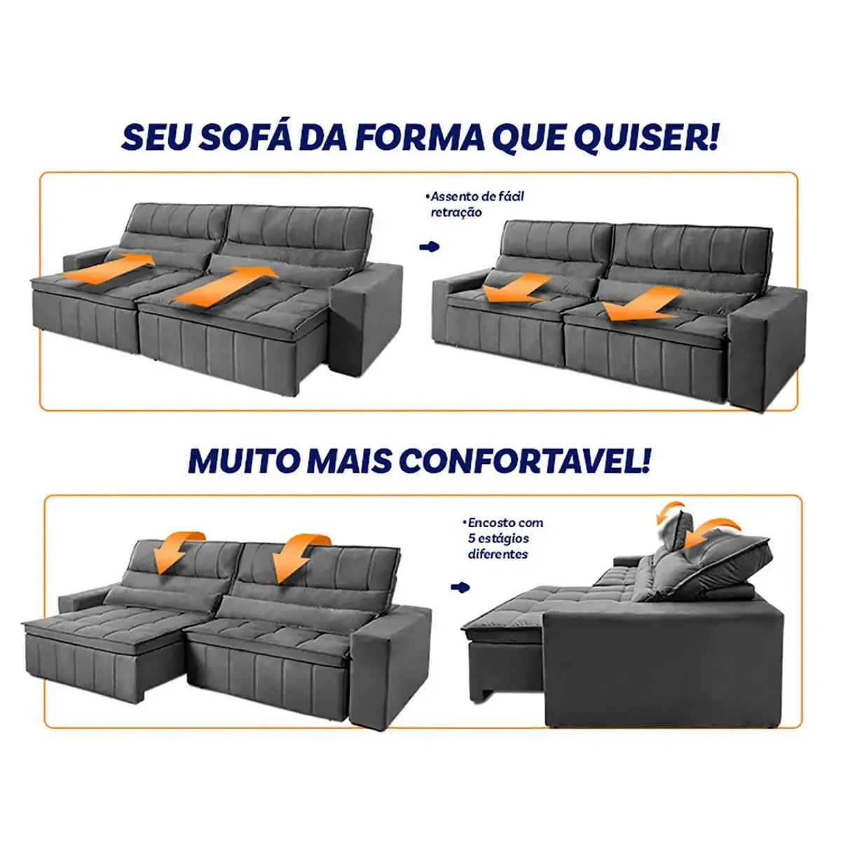 Sofá Retrátil Reclinável Supremo 2,50m Velut Cinza c/ Molas