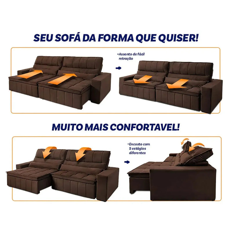 Sofá Retrátil Reclinável Supremo 2,50m Velut Marrom c/ Molas