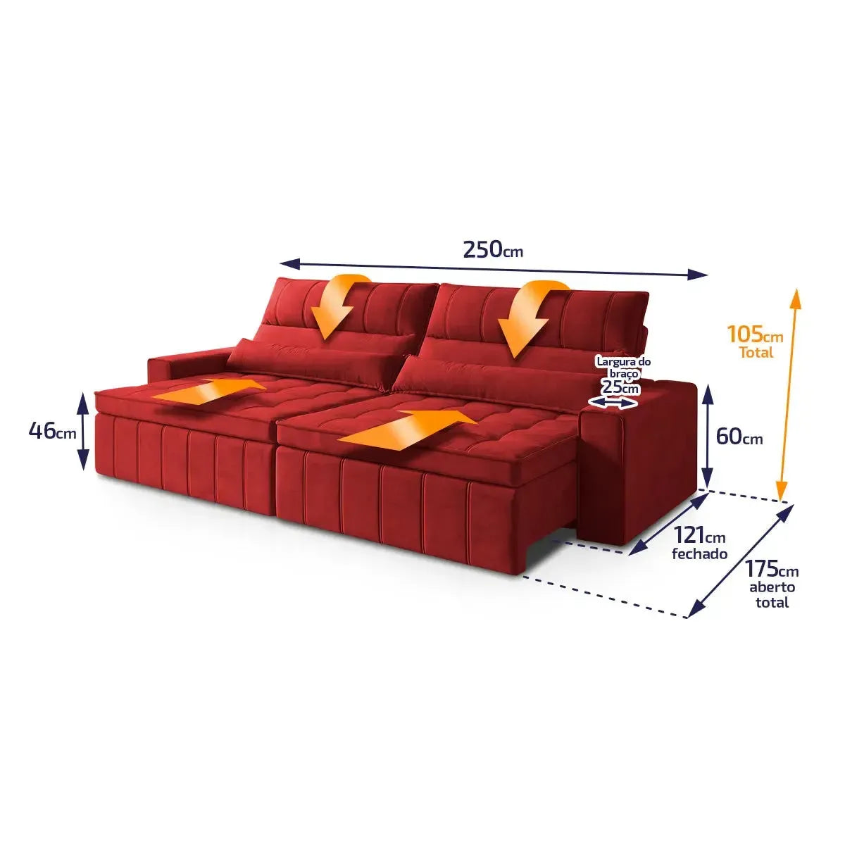Sofá Retrátil Reclinável Supremo 2,50m Velut Vermelho c/ Molas
